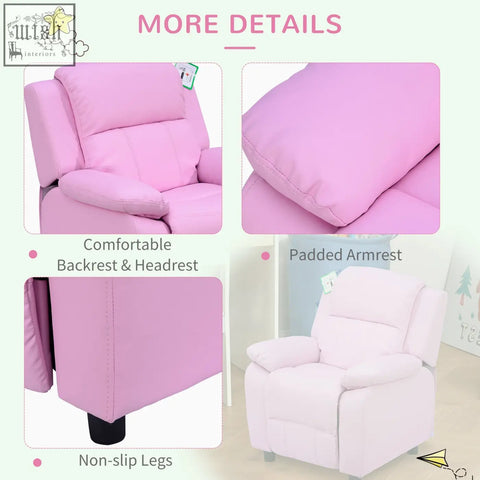 Pink homcom kids sofa armchair with soft pu leather, storage space, black non-slip legs, and safety reclining mechanism
