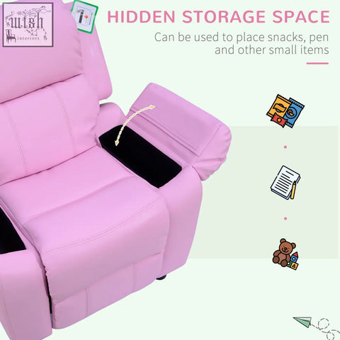 Homcom kids pink pu leather toddler recliner chair with safety reclining mechanism and black storage space in armrest