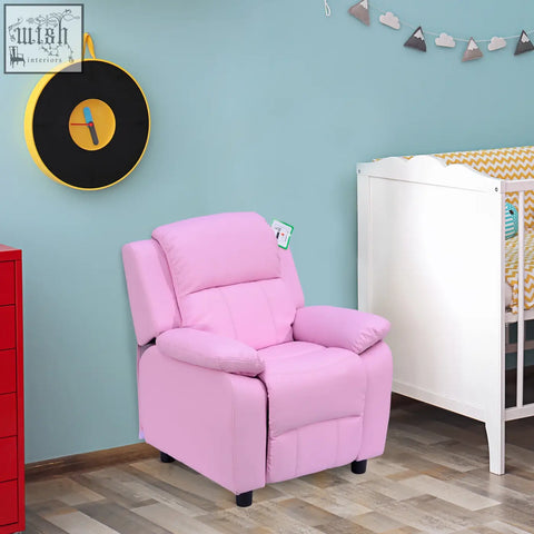 Pink homcom kids recliner chair with plush cushions black feet safety reclining mechanism and storage space