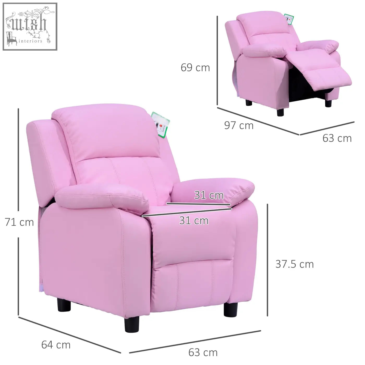 Pink homcom kids recliner chair with plush cushions black legs PU leather storage space and safety reclining mechanism