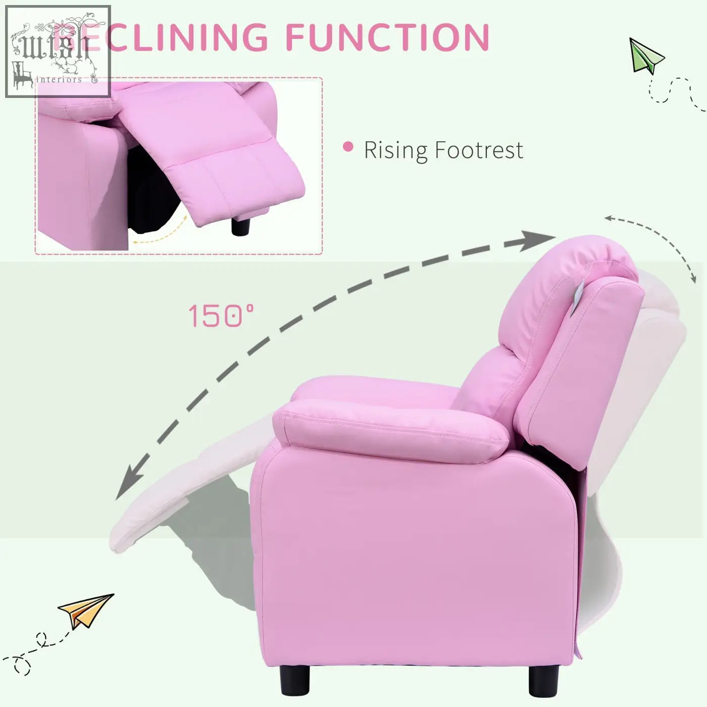 Pink homcom kids sofa armchair with safety reclining mechanism 150 degree recline footrest and storage space in pu leather