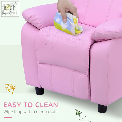 Pink homcom kids recliner with soft pu leather upholstery black legs safety reclining mechanism and storage space