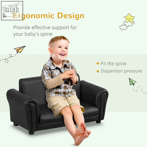Black leather kids twin sofa with cushioned seat and matching footstool features sturdy design and high weight capacity