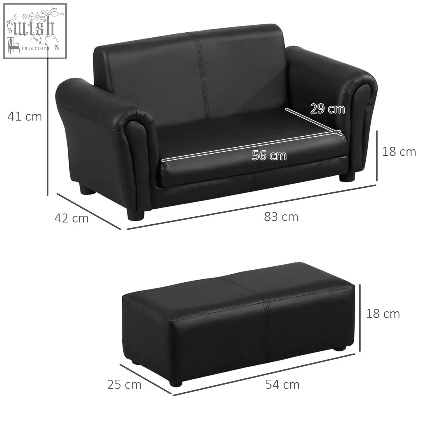 Black faux leather kids twin sofa with rolled arms and matching footstool offers sturdy weight capacity for boys and girls