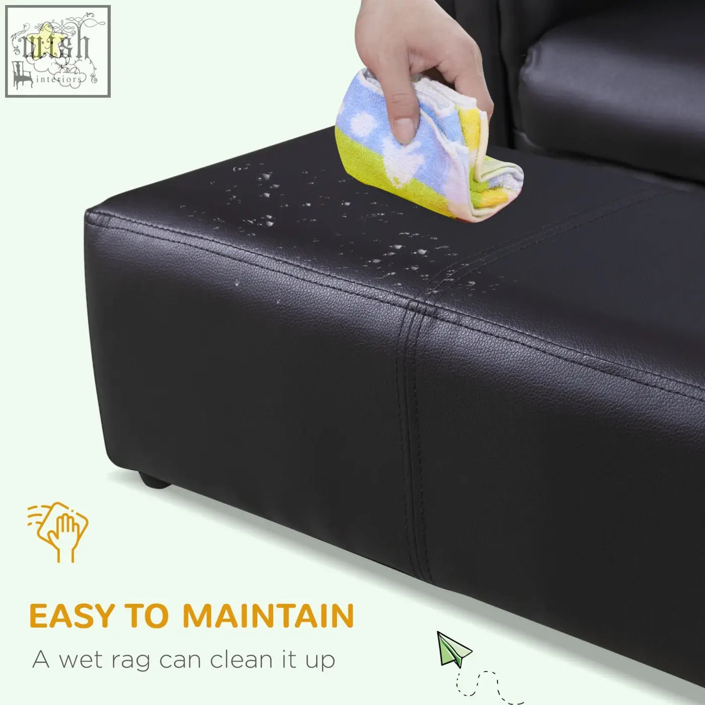 Black leather kids twin sofa with visible stitching and matching footstool featuring textured surface and high weight capacity
