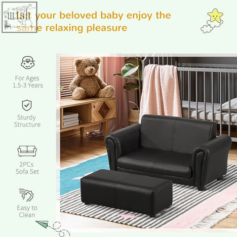 Black faux leather kids twin sofa set with matching footstool and sturdy weight capacity for toddlers