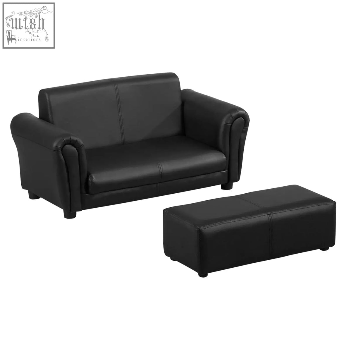Black faux leather kids twin sofa with matching footstool offers great weight capacity for boys and girls seating