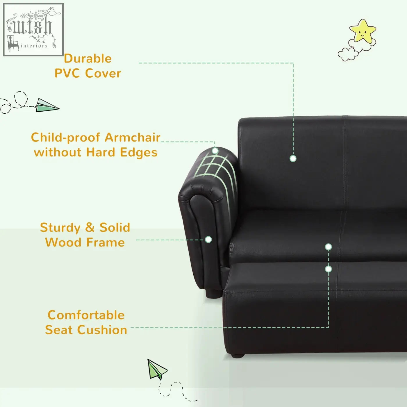 Black pvc kids twin sofa with sturdy wood frame comfortable seat cushion and matching footstool with high weight capacity