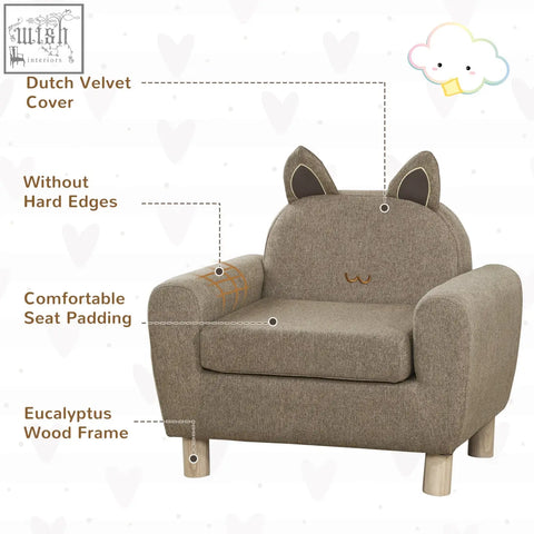 Cozy beige HOMCOM kids sofa toddler chair with padded seat linen upholstery and sturdy eucalyptus wood frame for playroom