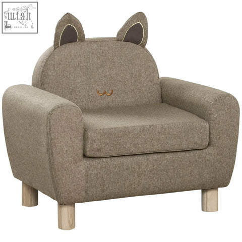Beige linen upholstery kids sofa armchair with padded seat and plush cat ears made from eucalyptus wood