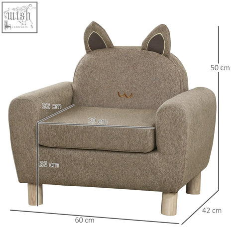 Beige kids sofa armchair with cat ears and embroidered whiskers padded seat linen upholstery eucalyptus wood frame