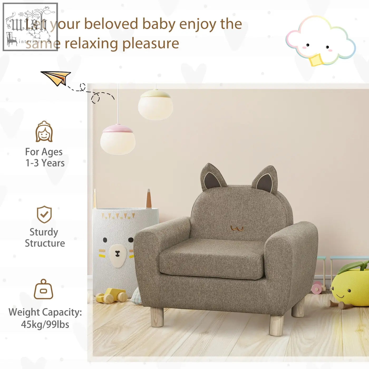 Gray linen upholstery toddler armchair with cat ears padded seat and eucalyptus wood frame for kids 1 to 3 years