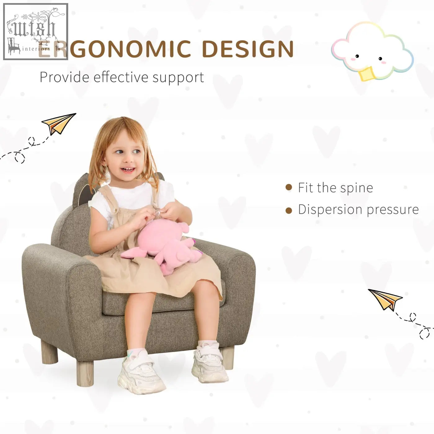 Gray upholstered kids armchair with padded seat, linen upholstery, and eucalyptus wood legs for playroom or bedroom