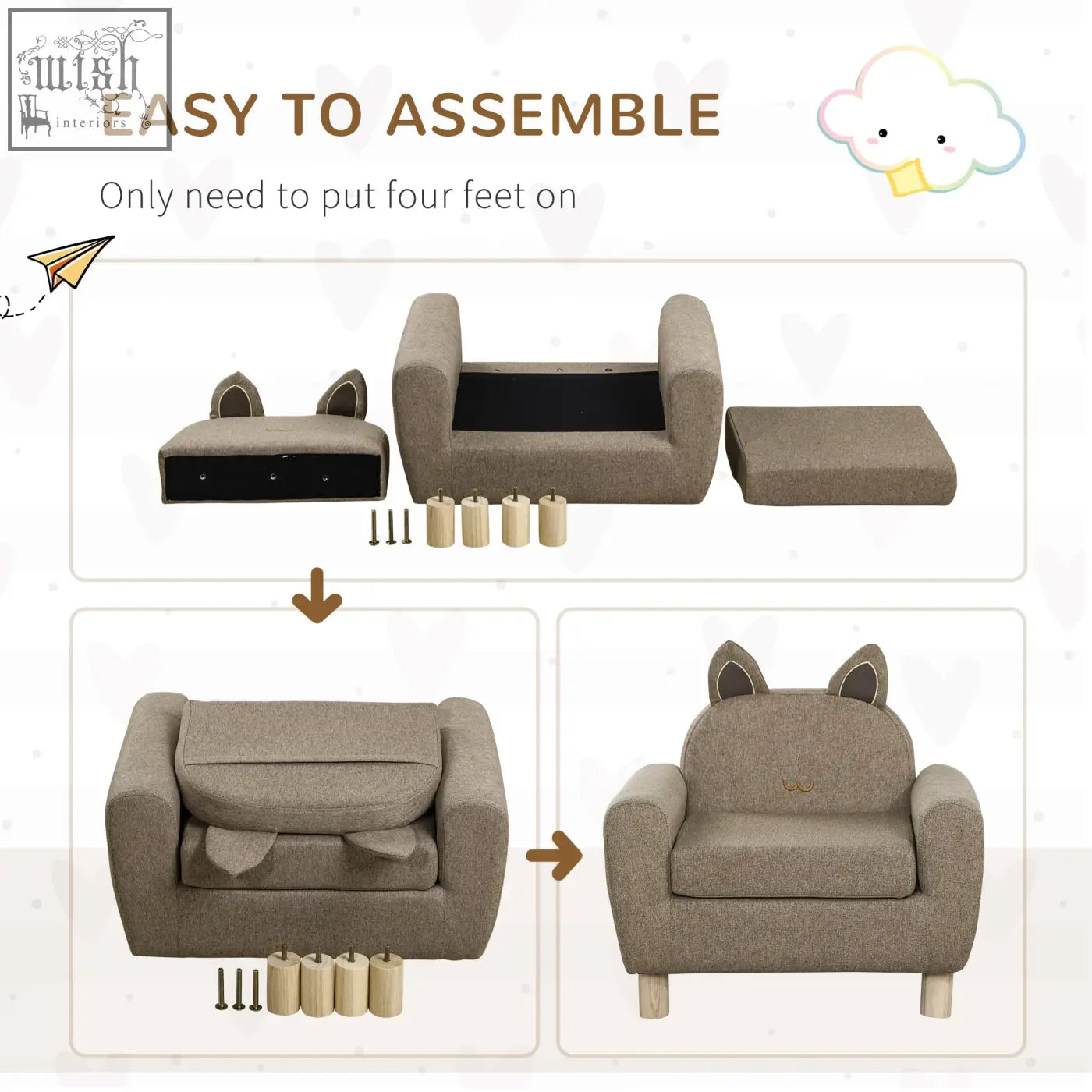Beige homcom kids sofa toddler chair with plush ear accents linen upholstery padded seat and eucalyptus wood legs