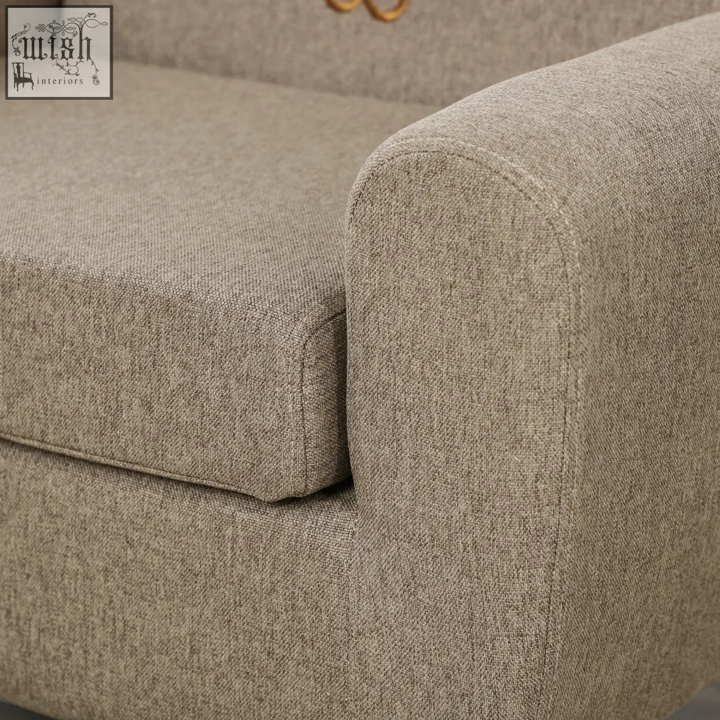 Beige textured fabric kids sofa armchair with linen upholstery padded seat and eucalyptus wood frame for playroom