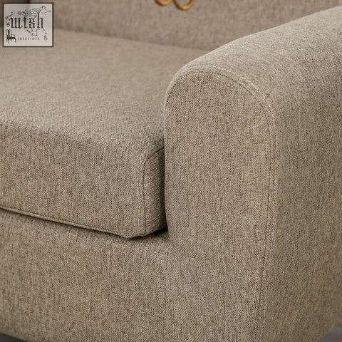 Beige textured fabric kids sofa armchair with linen upholstery padded seat and eucalyptus wood frame for playroom