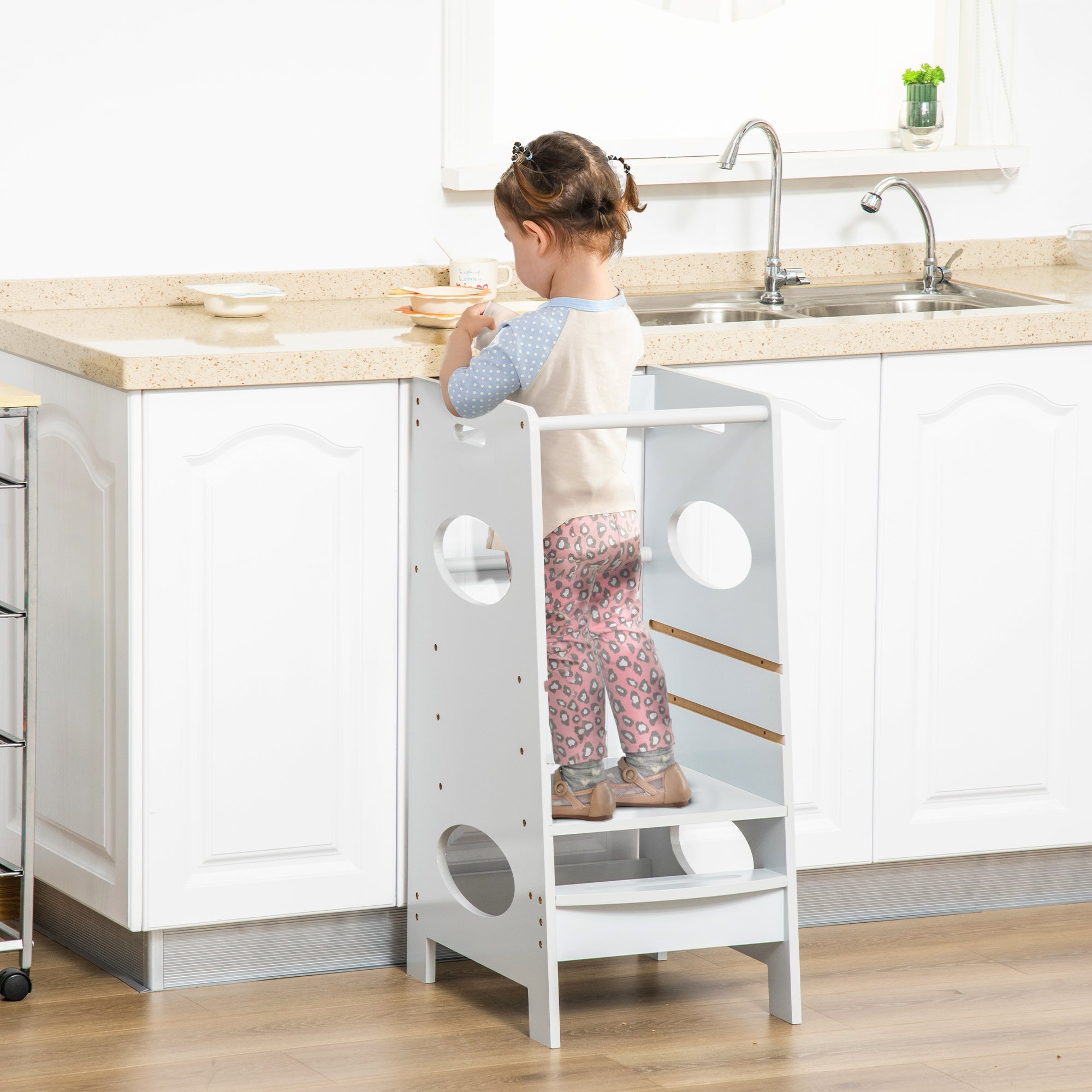 White wooden kids step stool with circular cutouts small shelf adjustable platform by HOMCOM in grey