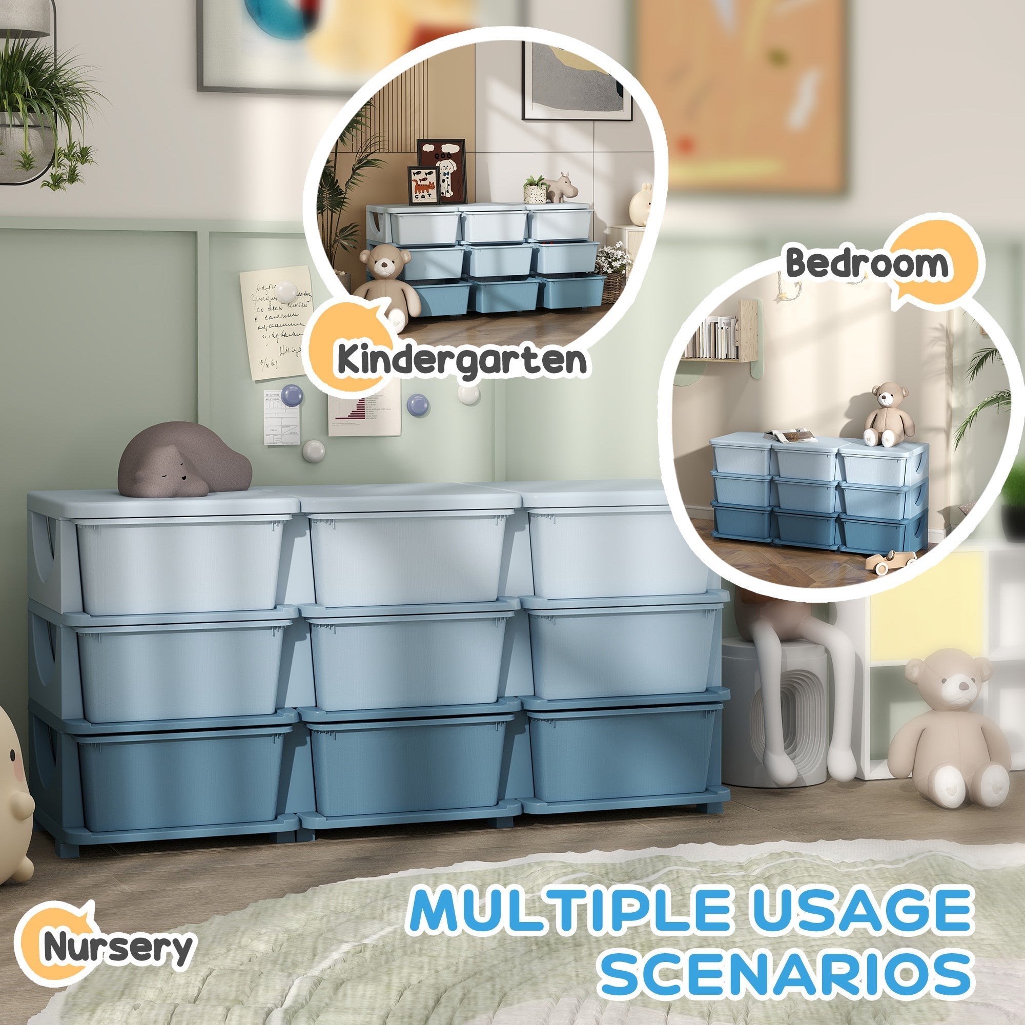 Light blue plastic kids storage unit with nine drawers in a stackable design arranged in three rows and four columns