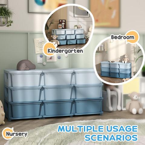 Light blue plastic kids storage unit with nine drawers in a stackable design arranged in three rows and four columns