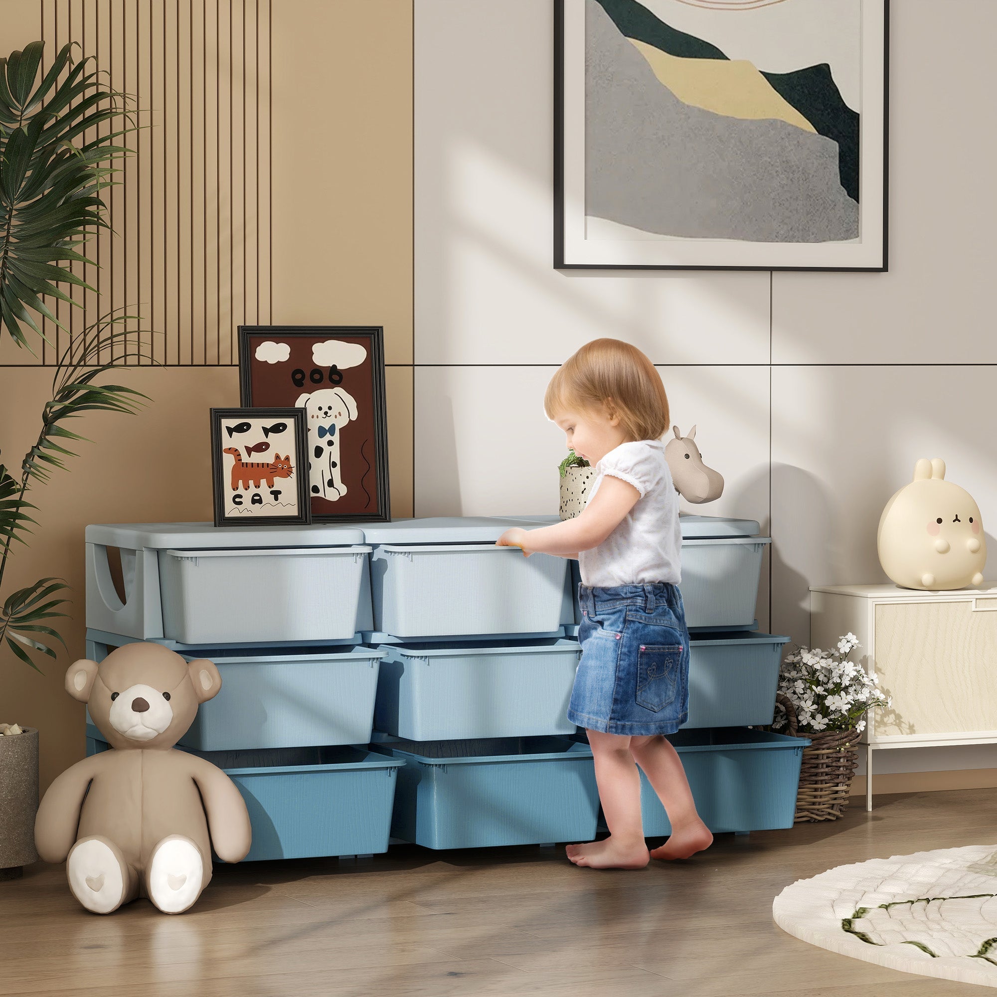 Blue plastic kids storage unit with nine drawers stacked for easy organization and storage