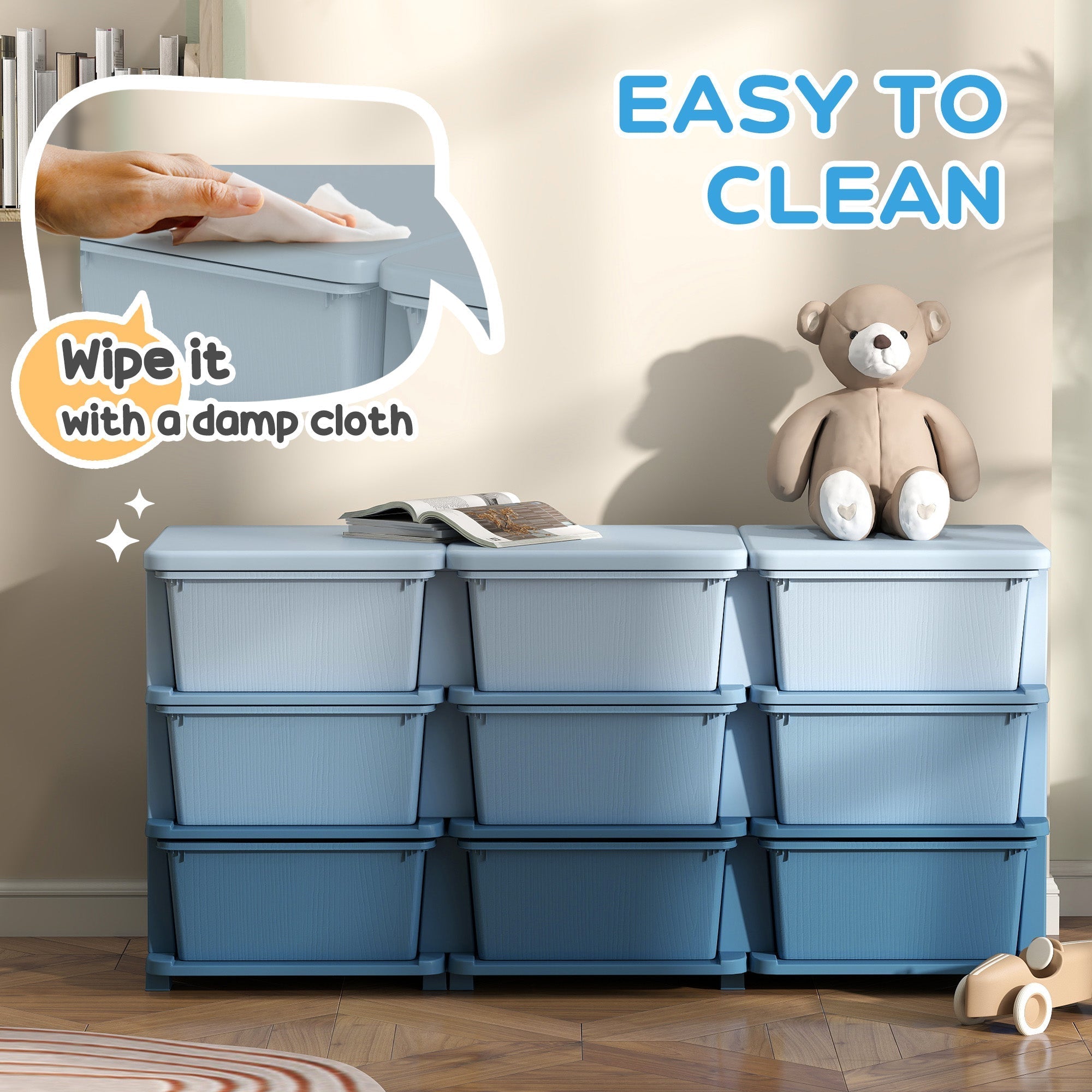 Homcom kids storage unit with nine light blue plastic drawers and ribbed lids perfect for kids storage needs