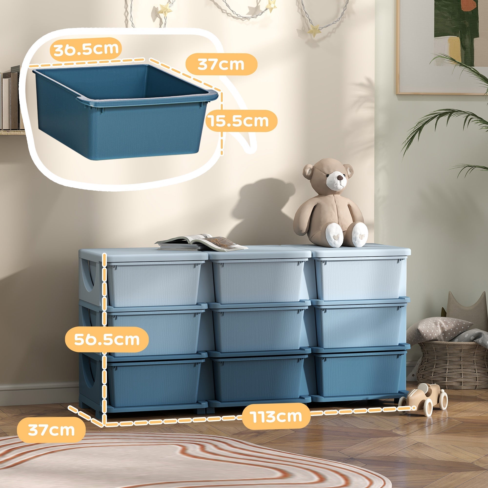 Blue plastic kids storage unit with nine drawers and textured surface for easy organization and durability