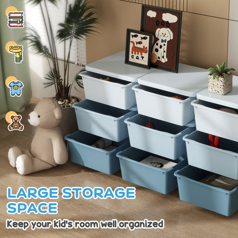 Set of light blue and white plastic kids storage unit with nine drawers arranged in a tiered stack for easy organization