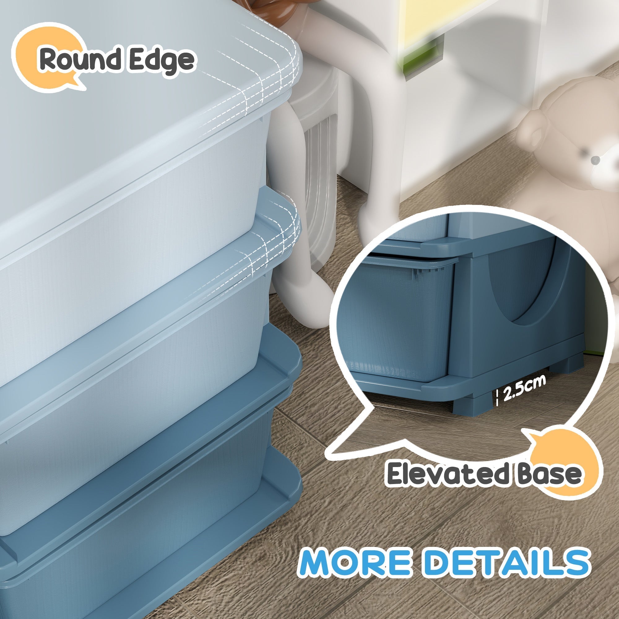 Stacked light blue plastic kids storage unit with nine drawers and an elevated base by homcom
