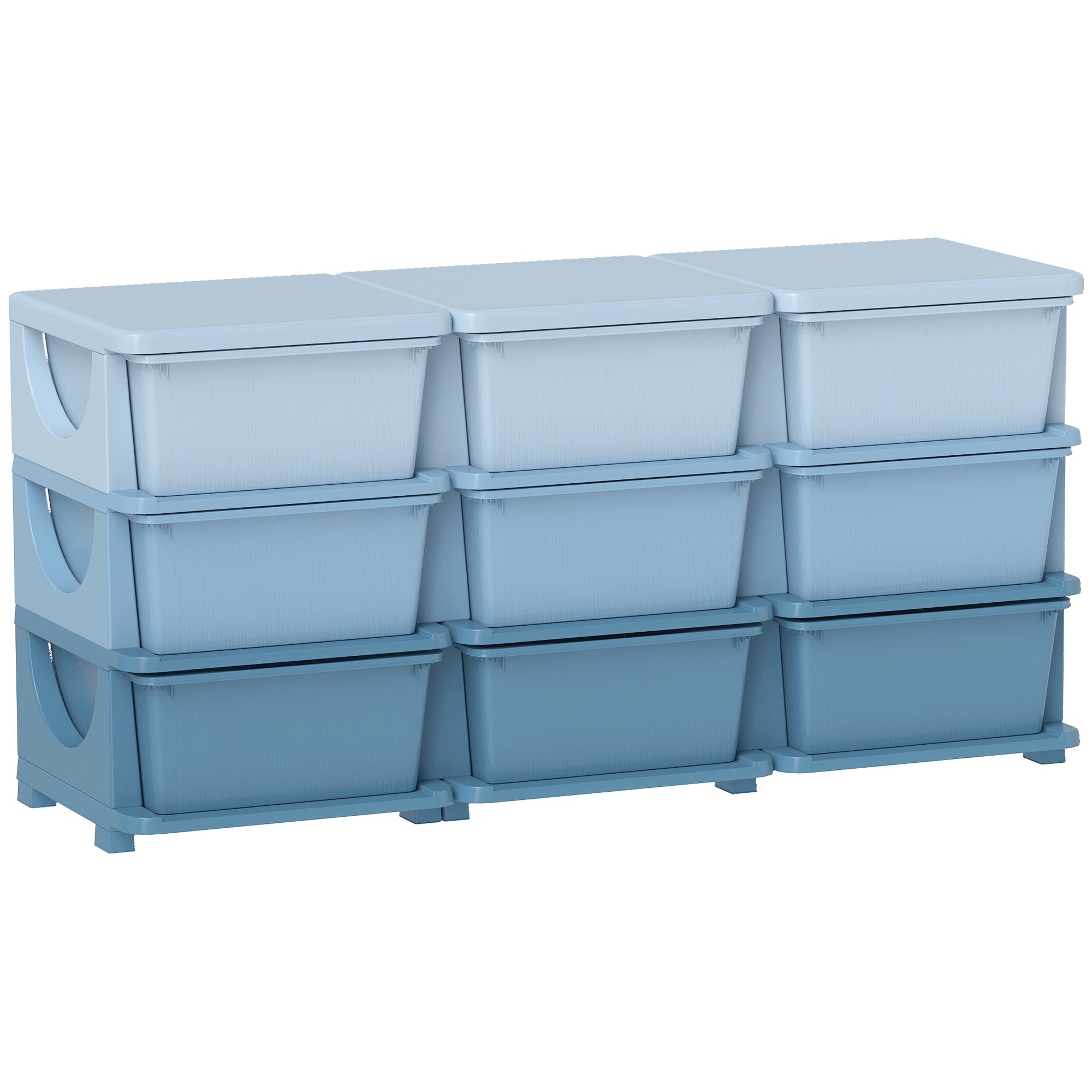 Homcom kids storage unit with nine drawers features a three-tiered blue plastic stackable design with side handles