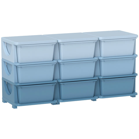 Homcom kids storage unit with nine drawers features a three-tiered blue plastic stackable design with side handles