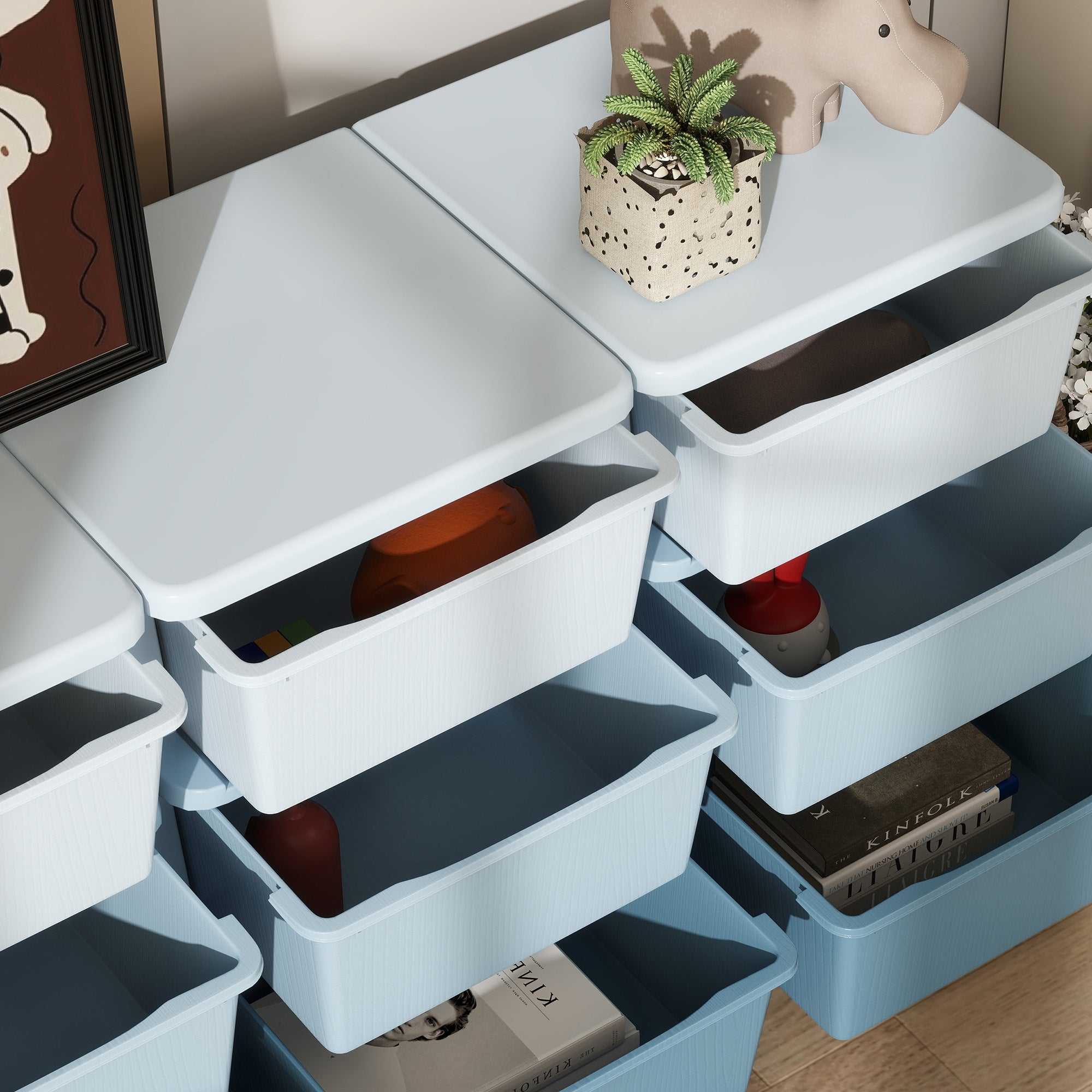Homcom kids storage unit with nine white and light blue plastic drawers perfect for kids storage and organization