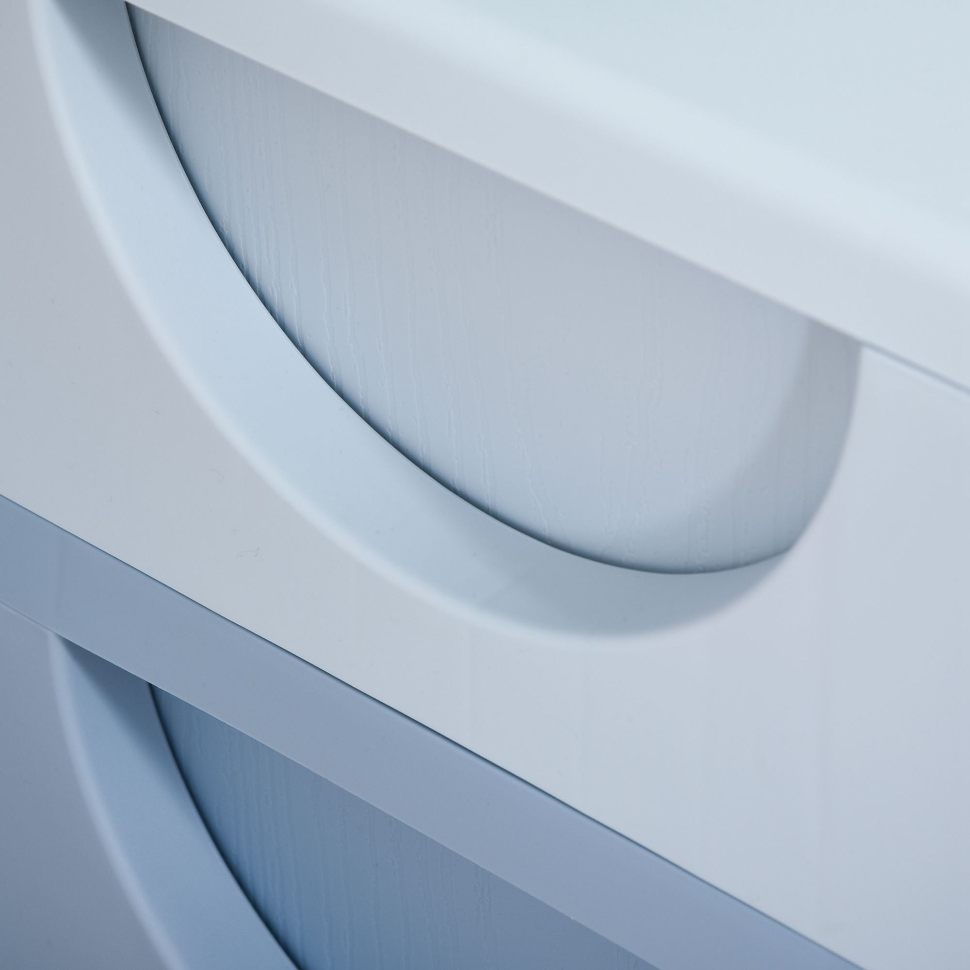 White curved drawer front with smooth minimalist design on blue homcom kids storage unit with three drawers and stump feet