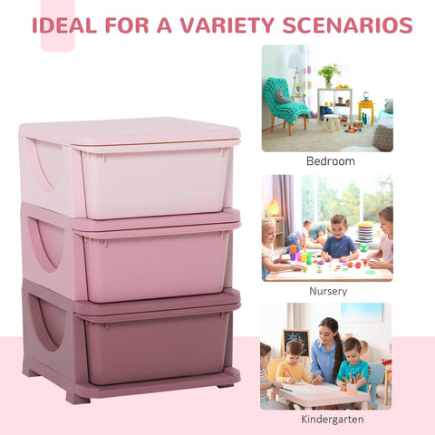 Homcom kids storage unit with three drawers in pink gradient, plastic build, stump feet for nursery or playroom use