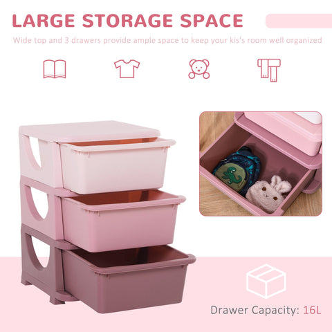 Pink plastic three drawers kids storage unit with stump feet and matching lids for nursery or playroom organization