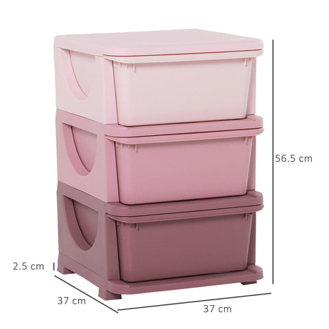 Homcom kids storage unit with three drawers and stump feet in pink plastic for nursery or playroom organization