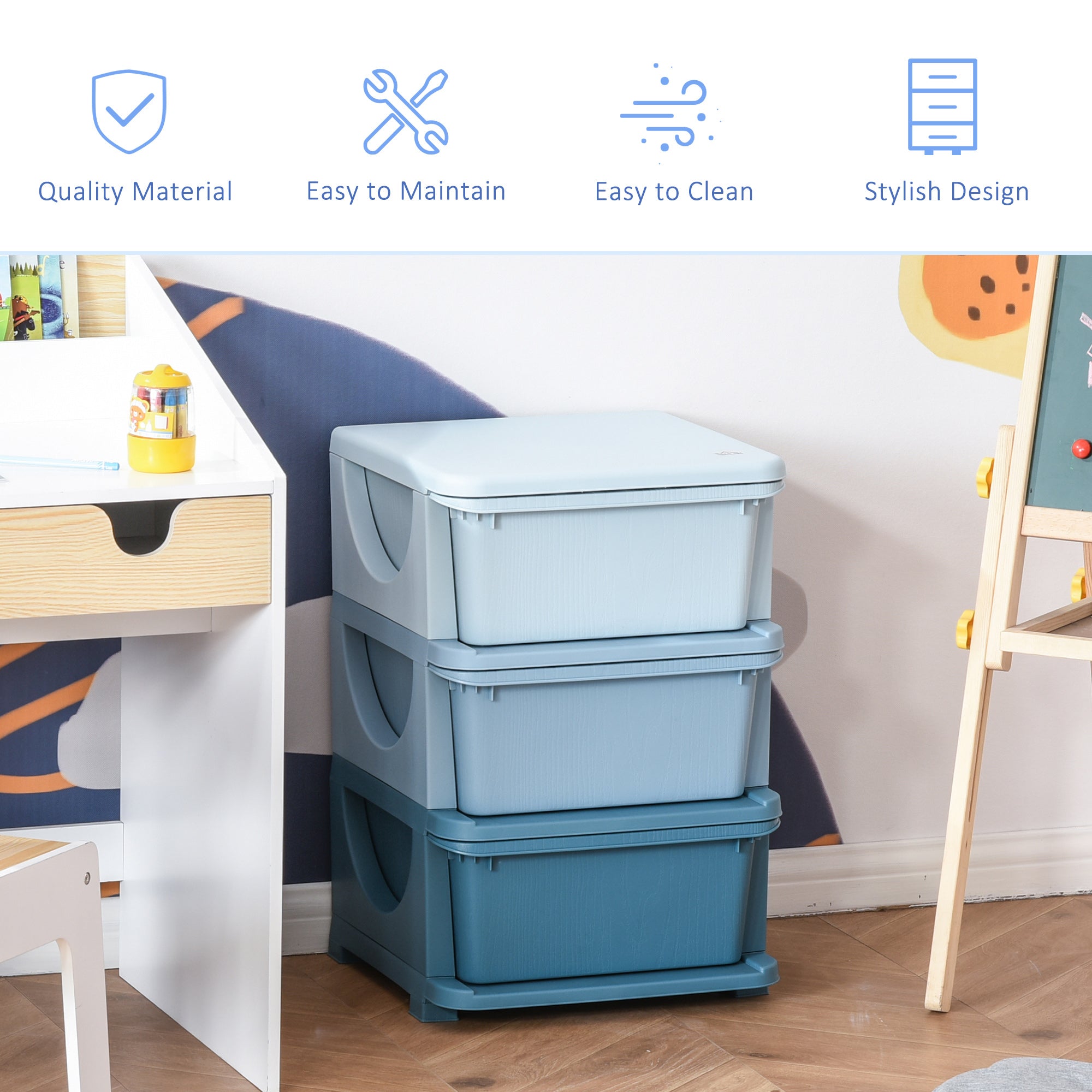 Stacked homcom kids storage unit with three drawers in blue plastic featuring stump feet and side handles for easy use