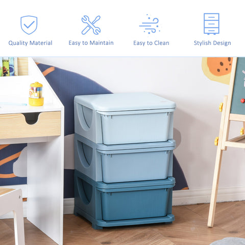 Stacked homcom kids storage unit with three drawers in blue plastic featuring stump feet and side handles for easy use