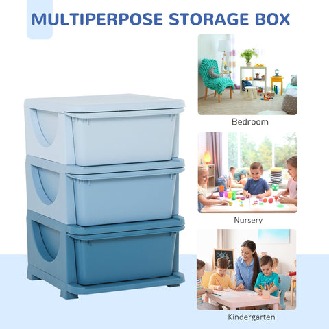 Homcom kids storage unit with three drawers blue plastic three tier chest with integrated handles and stump feet for toys
