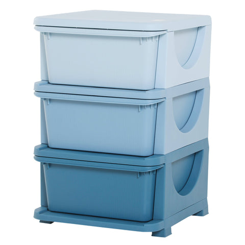 Stacked three drawers kids storage unit with blue plastic tiers rounded handles and sturdy stump feet for nursery use