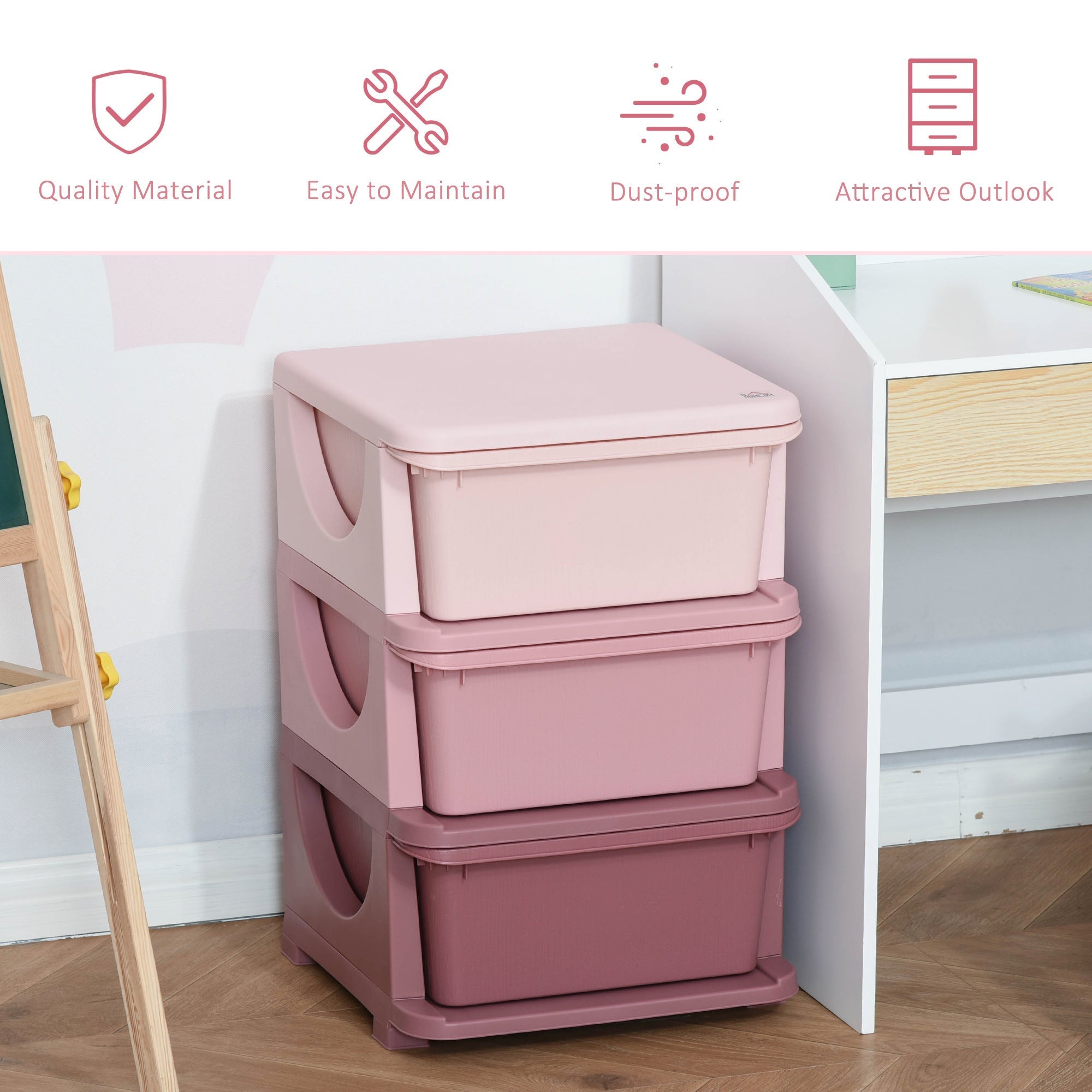 Stacked homcom kids storage with three drawers in soft pink mauve gradient featuring stump feet and rounded corners
