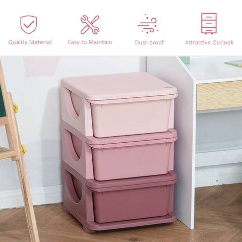 Stacked homcom kids storage with three drawers in soft pink mauve gradient featuring stump feet and rounded corners