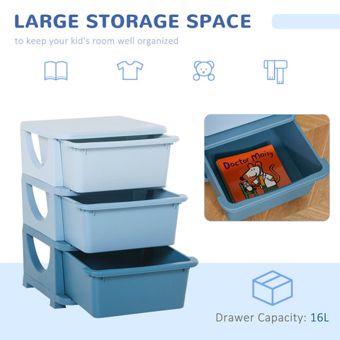 Homcom kids storage unit with three drawers and stump feet in light blue plastic for nursery or playroom organization