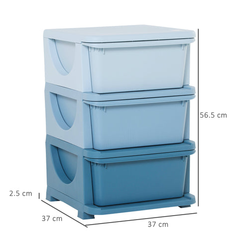 Stacked homcom kids storage unit with three drawers in light and dark blue with curved handles and stump feet