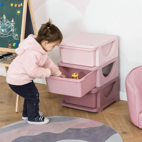 Stacked pink plastic kids storage unit with three drawers rounded handles stump feet and matching lid for nursery organization