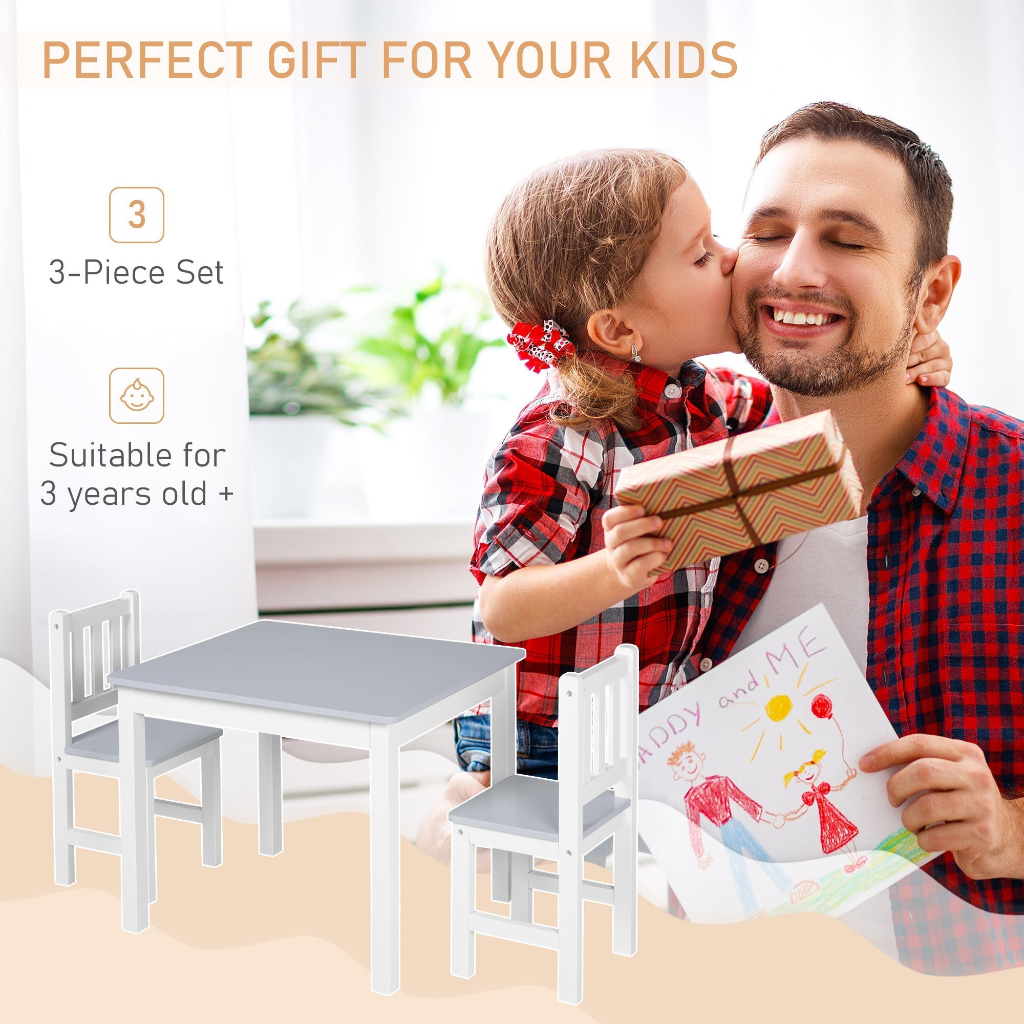 HOMCOM kids white table and chair set with gray tabletops 3 pieces for indoor study snack time