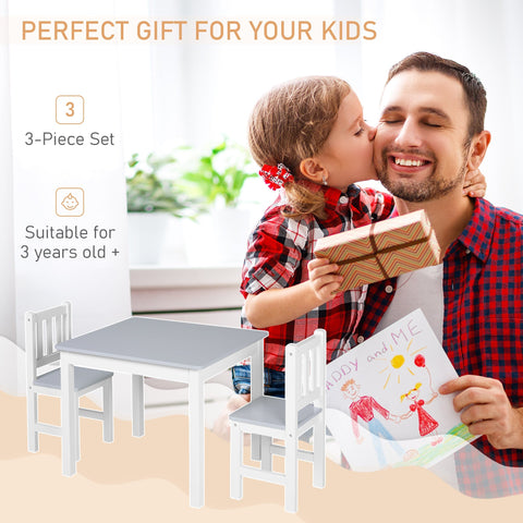 HOMCOM kids white table and chair set with gray tabletops 3 pieces for indoor study snack time