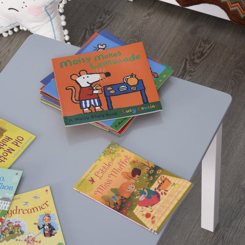 Grey homcom kids table and chair set with durable material and orange childrens book maisy makes lemonade by lucy cousins on top