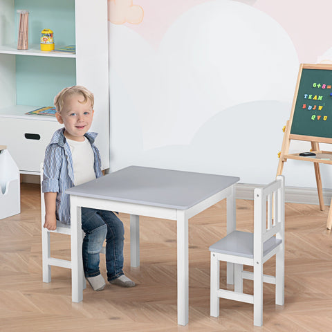 White kids table and chair set with gray top and matching chairs for indoor study and snack time by homcom