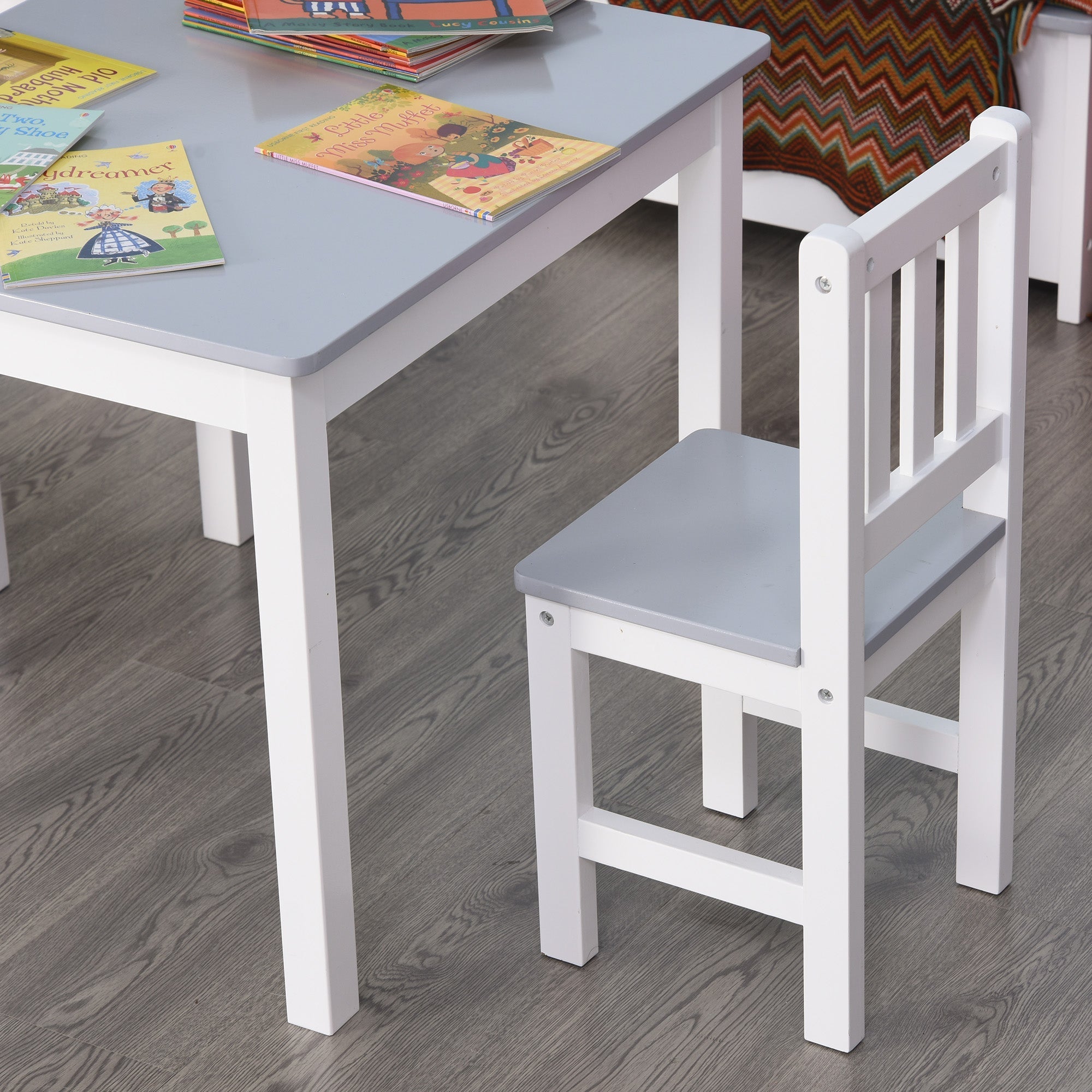 Gray and white homcom kids table and chair set with 2 chairs for indoor study snack time and play