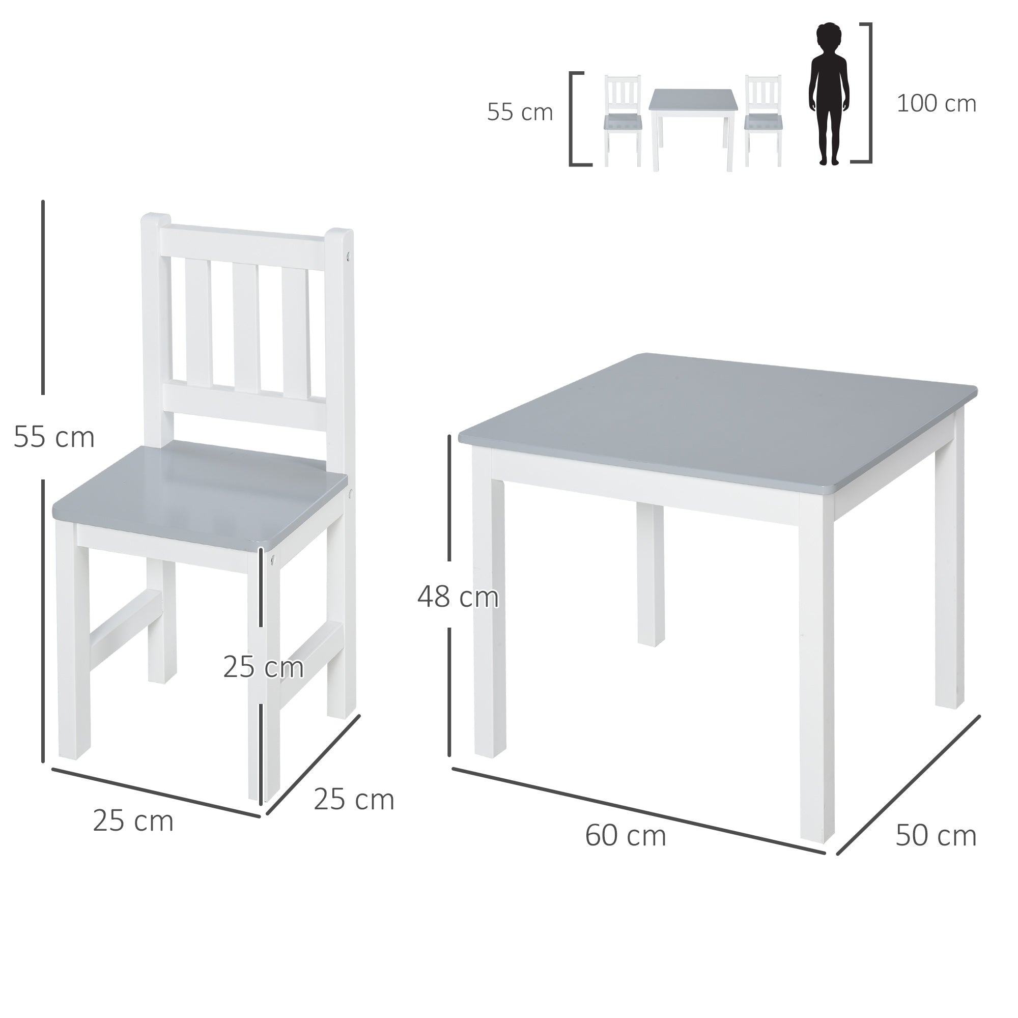 White and gray homcom kids table and chair set with 2 chairs made of wood for indoor study snack time